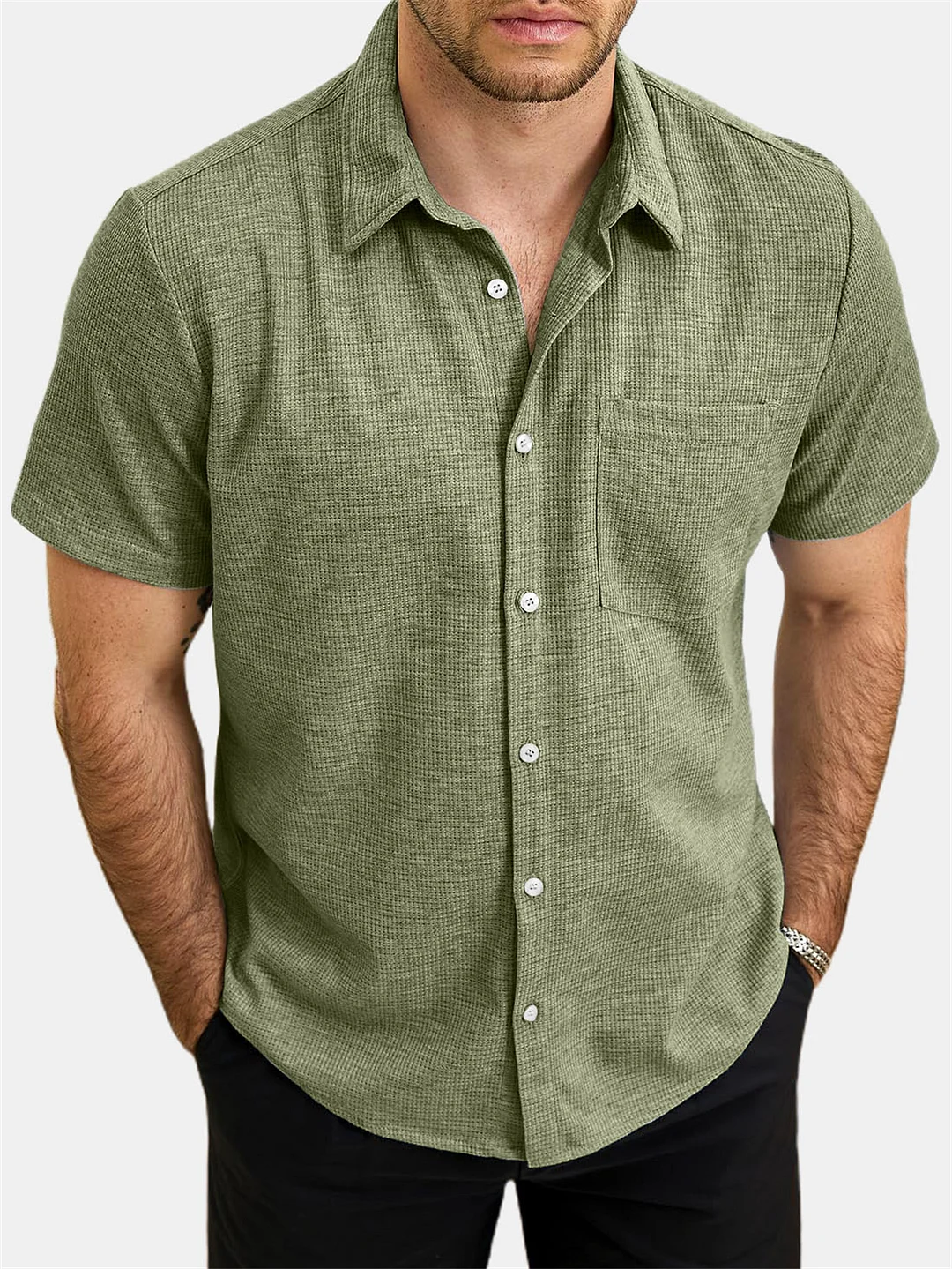 Suitmens Men's Waffle Pocket Casual Short Sleeve Shirt