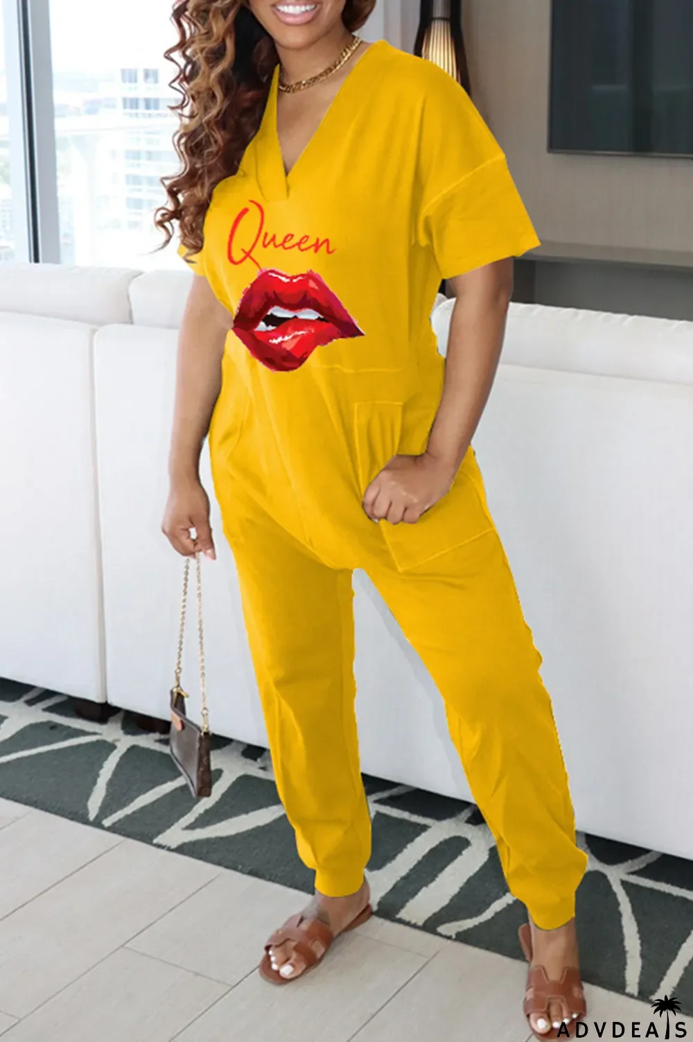 Green Fashion Casual Print Basic V Neck Regular Jumpsuits