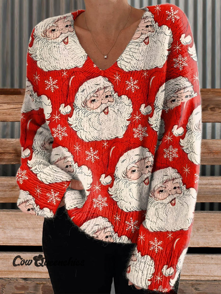 Women’s Vintage Christmas Santa Casual V-Neck Pullover Knit Multicolor / M