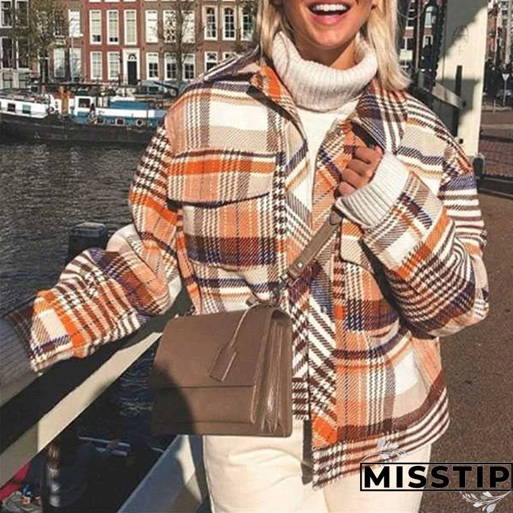 Classic Thick Colorblock Checked Button Down Shirt Jacket Woolen