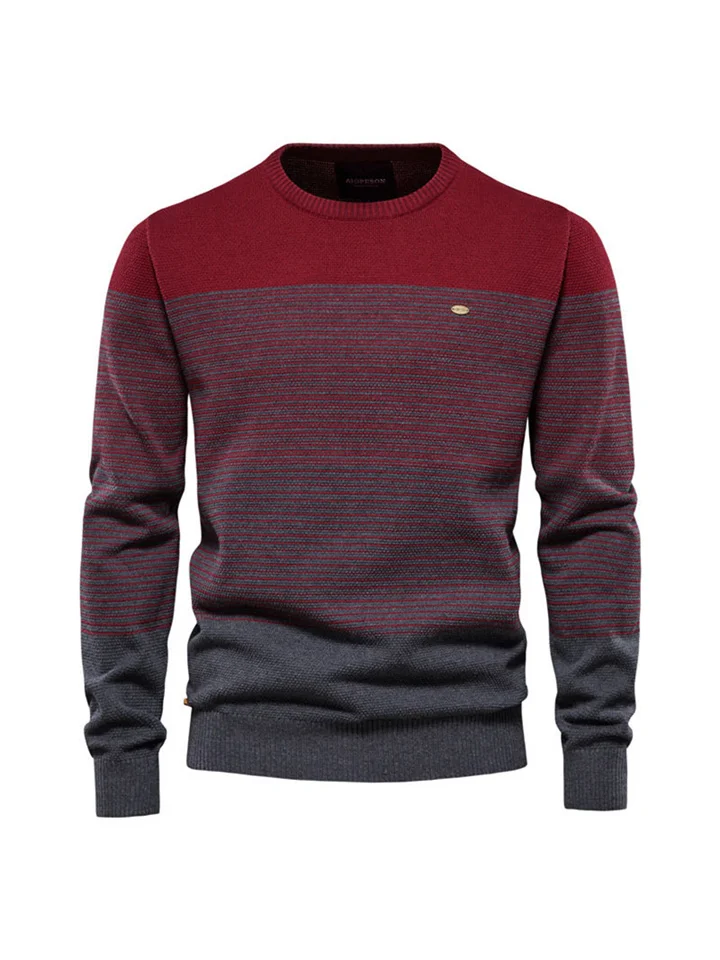 Vintage Casual Colorblocking Top Long Sleeve Sweater Slim Round Neck Pullover Striped Men's Slim Knitwear