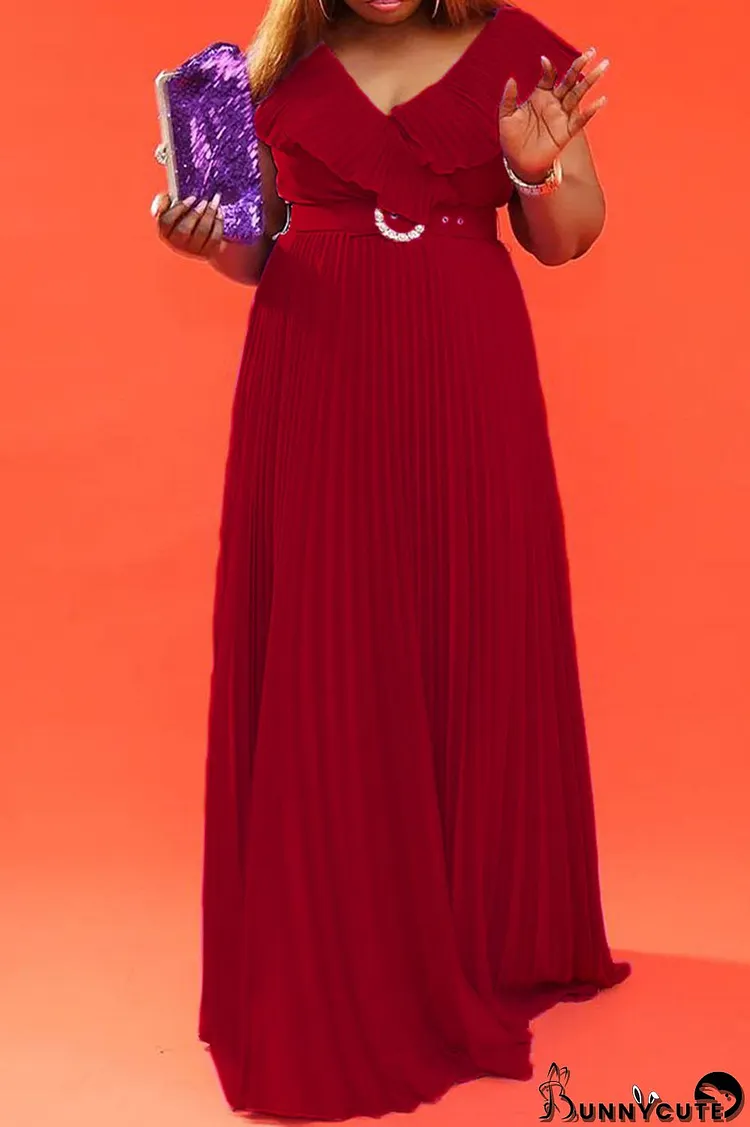 Burgundy Elegant Solid Patchwork Fold V Neck Straight Dresses(Contain The Belt)