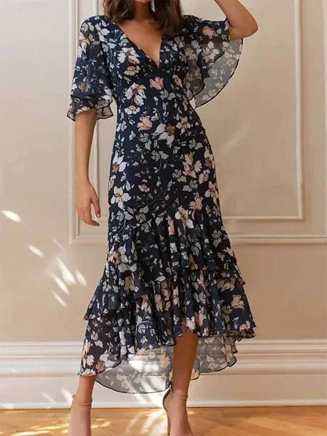 Women's Floral Print Ruffle Sleeve Elegant Tiered Chiffon Midi Dress
