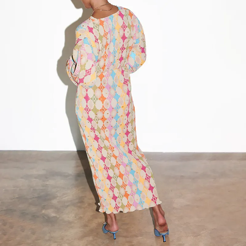 Brownm Brownm Women's Wear Temperament Elegant Printing Elegant V-Neck Lantern Half Sleeve A Line Dress Female