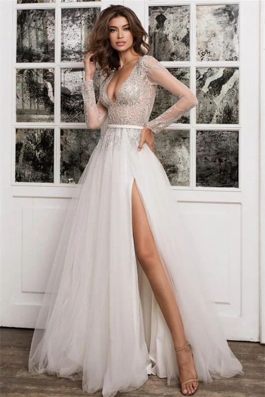 Long sleeve shop plunge wedding dress