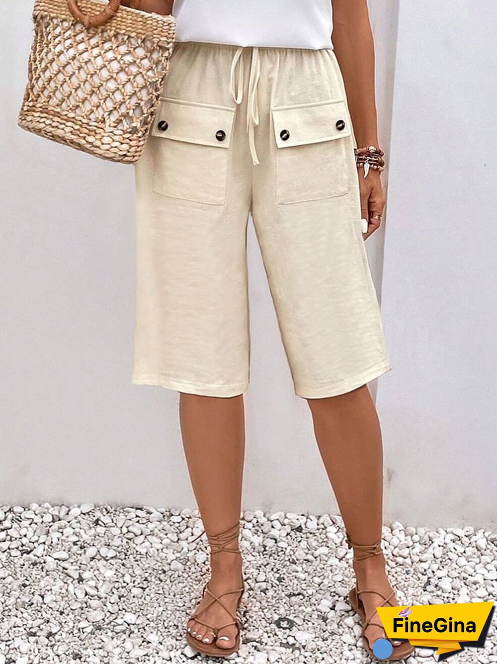 Solid Color Double Pocket Lace Loose Casual Cropped Pants