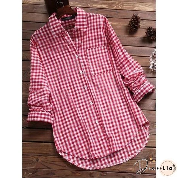 Women's Cotton Plaid Lapel Long-sleeved Retro Shirt Blouses