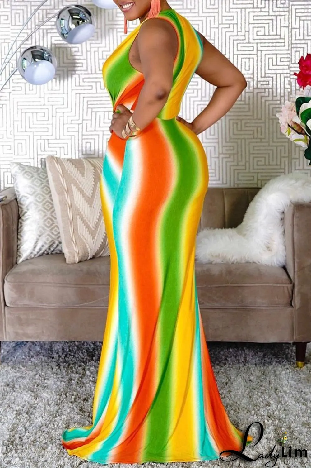 Multicolor Fashion Sexy Print Patchwork V Neck Sleeveless Dress