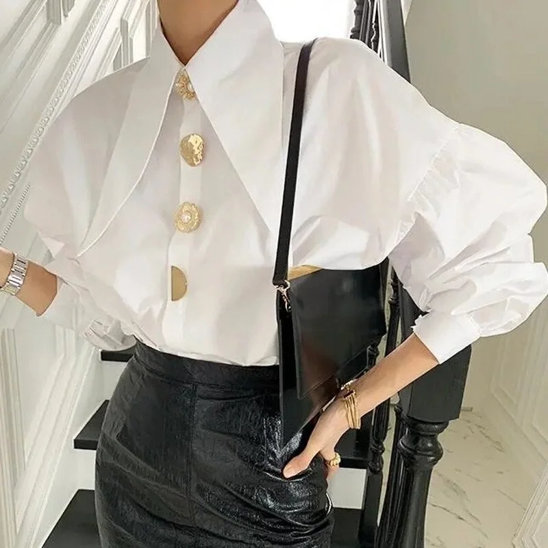 Korean Fashion Elegant Blouse Retro Loose Autumn Thin All-match Tops Lapel Turn Down Collar Lantern Sleeve Casual Shirt 17845