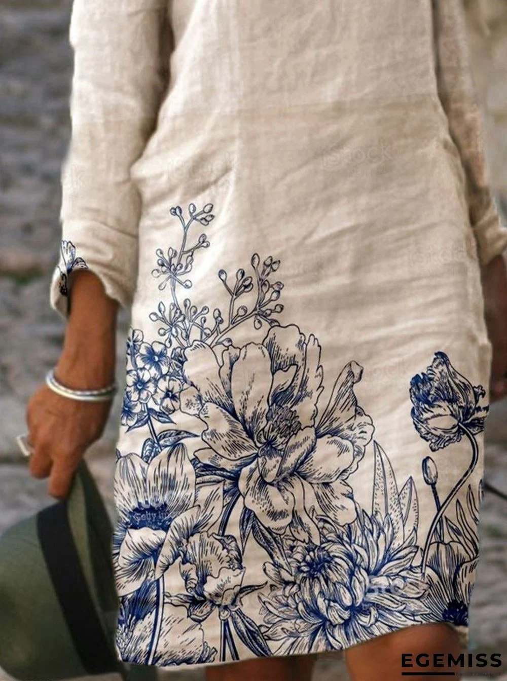 Fashion Letter Print V-neck Long Sleeve Casual Shift Dress White Dresses Linen | EGEMISS