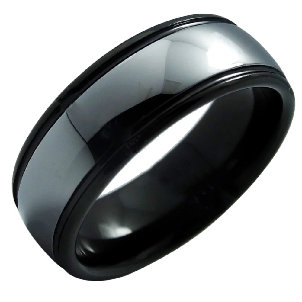 6MM 8MM Men's Silver Glossy Surface Tungsten Rings Black Step Edge