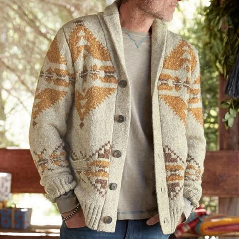 New Autumn And Winter Men's Jacquard Outer Sweater Long-Sleeved Knitted Jacket Top