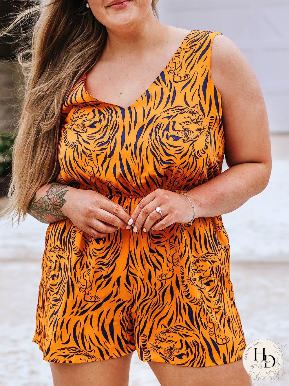 Sunny Plus Size Tiger Stripe V Neck Sleeveless Romper