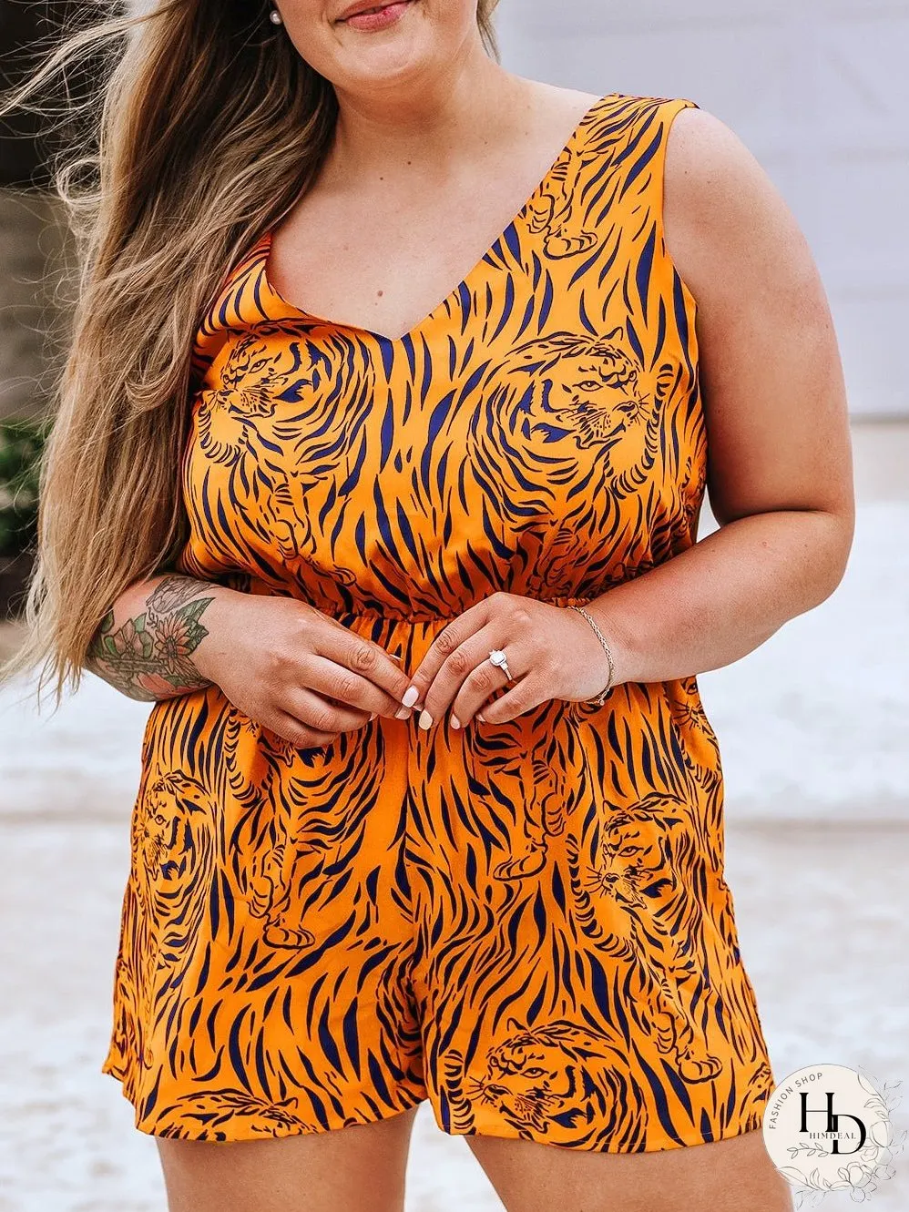 Sunny Plus Size Tiger Stripe V Neck Sleeveless Romper