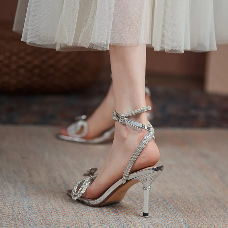 Lucyever Big Rhinestone Bowtie High Heels Sandals Women Elegant Diamond Strap Silver Pumps Woman Square Toe Thin Heels Slides