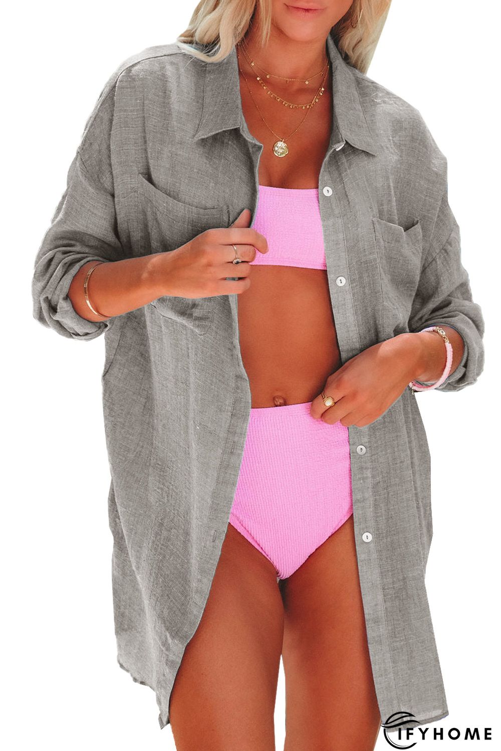 Gray Lightweight Shirt Style Beach Cover Up | IFYHOME