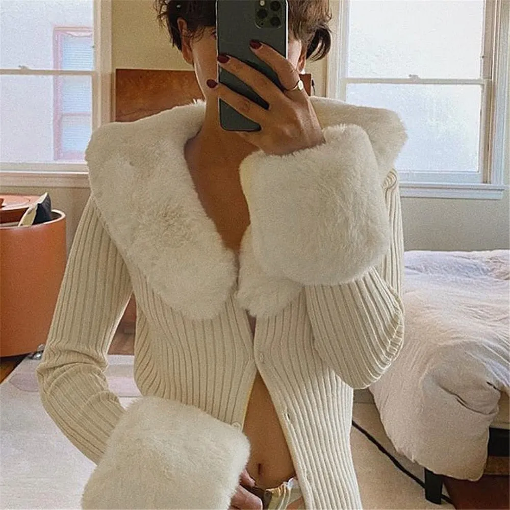 wsevypo 2021 Chic New Knit Rib Cardigans Sweaters Women's Fur Trim Collar Long Sleeve Jumpers Autumn Winter Elegant Outwear