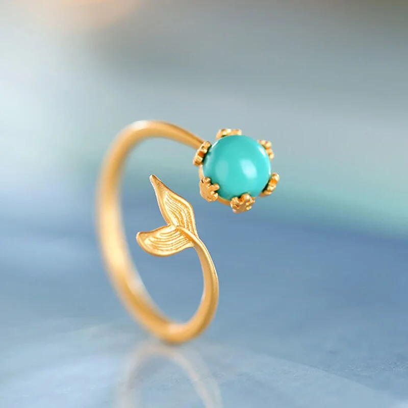  S925 Sterling Silver "Together Forever" Lucky Fish Tail Ring – Vintage Courtly Style with Sleeping Beauty Turquoise Inlay, Adjustable Open Design