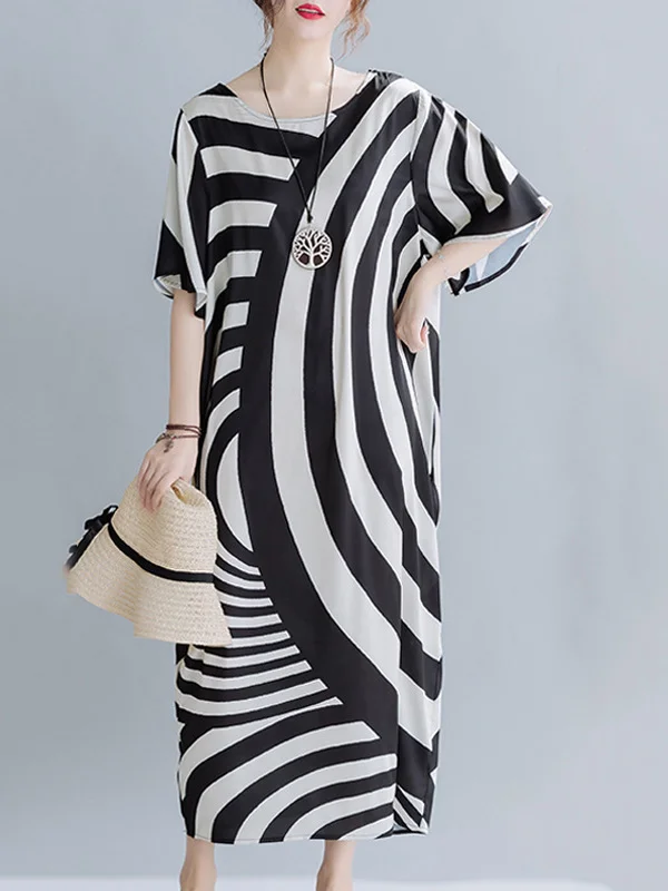 Original Striped Irregularity Round-Neck Midi Dress