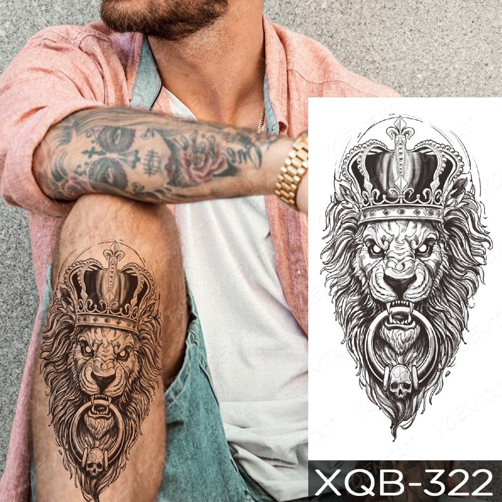 Waterproof Temporary Tattoo Sticker Skull Lion Crown Tattoos Tiger Wolf Cross Animal Body Art Arm Fake Sleeve Tatoo Women
