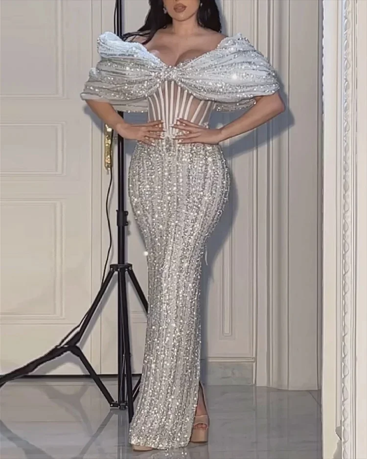  Women's Off Shoulder Hollow Sequin Dress