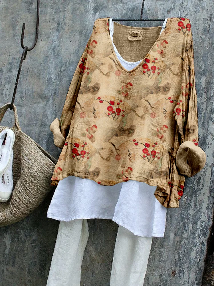Japanese Plum Blossom Art Vintage Linen Blend Tunic