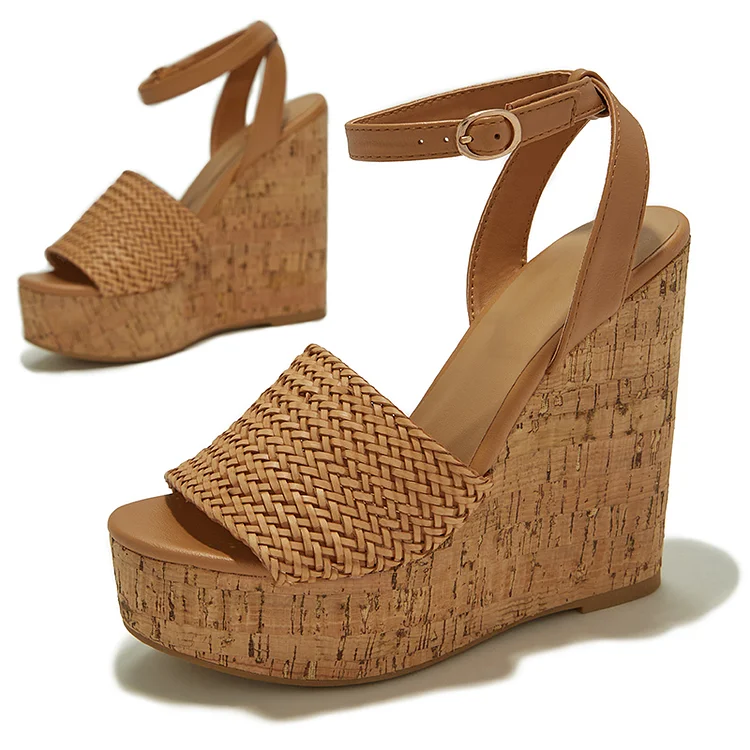 Khaki Peep Toe Wedge Sandals Women'S Platform Braided Shoes Vintage Ankle Strap Heels |FSJ Shoes