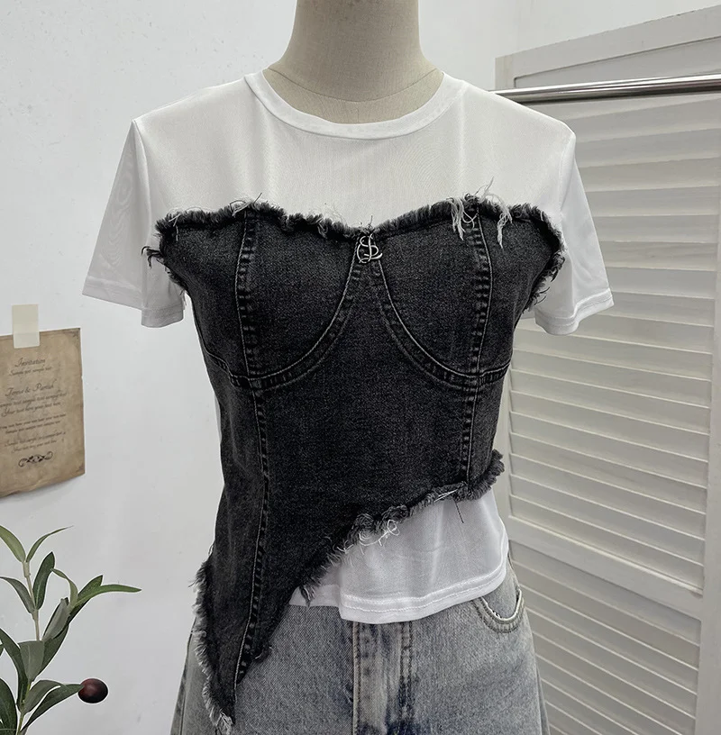 Uveng Solid Shooting Denim Splicing Mesh Yarn Short-Sleeved T-Shirt Summer Dress Irregularly Short High-Waist Repair Body Coat 26171