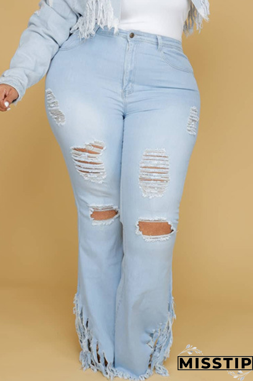 Dark Blue Sexy Solid Ripped Plus Size Jeans