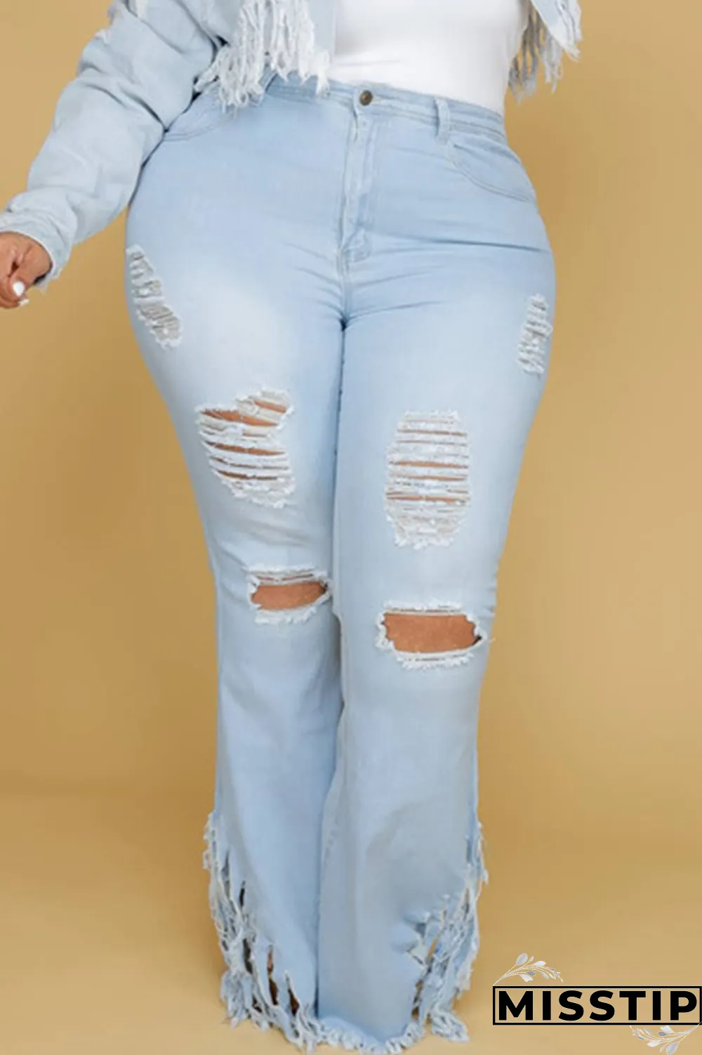 Dark Blue Sexy Solid Ripped Plus Size Jeans