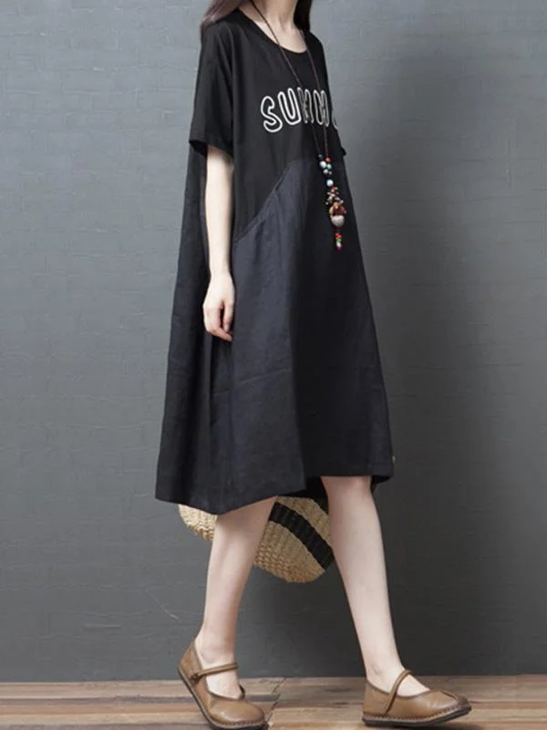 Roomy Lettered Print Splicing Round Neck Dress