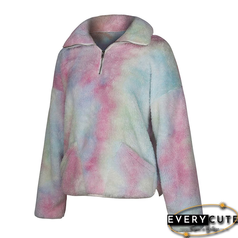 Light Pink Tie Dye Print Zip Neck Plush Sweatshirt