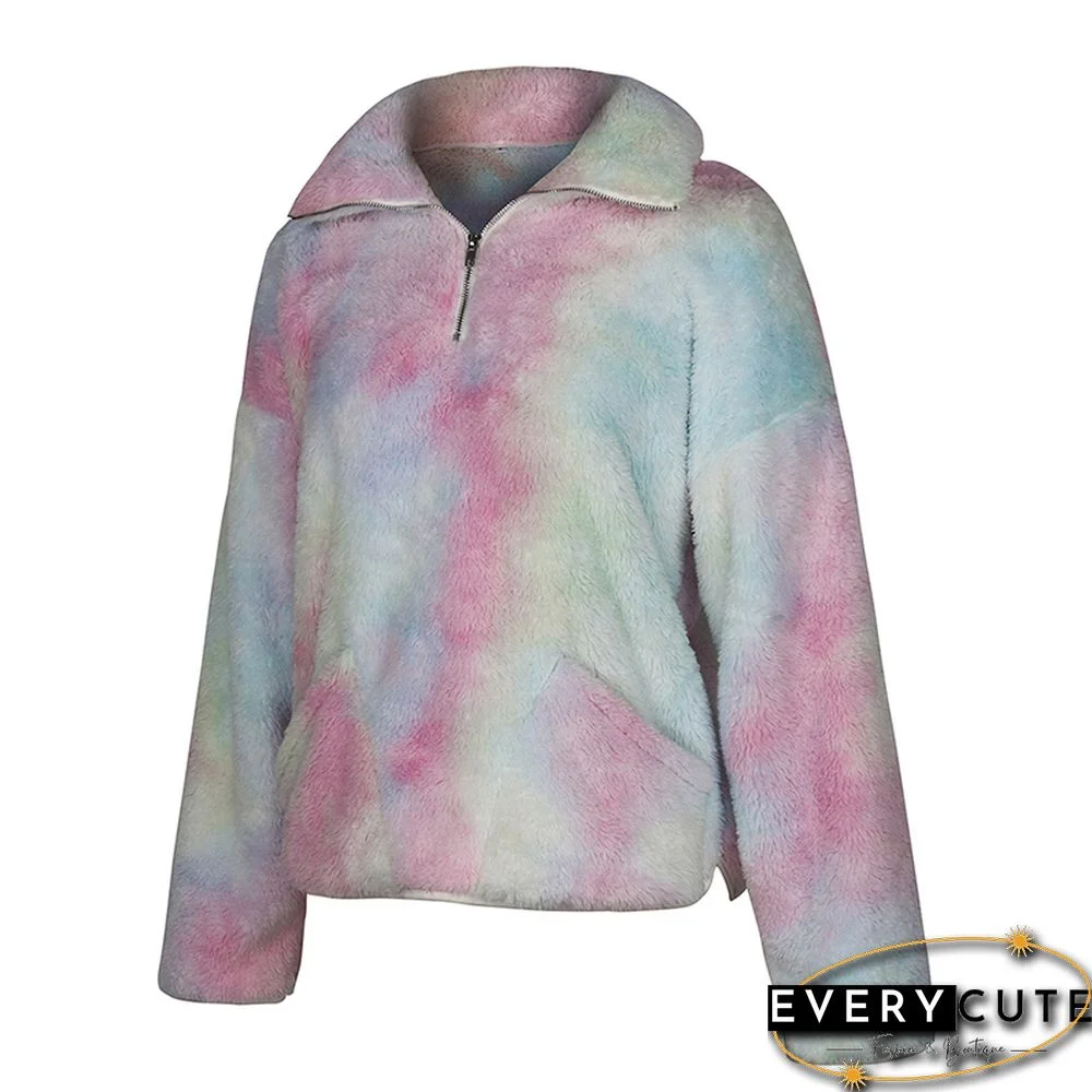 Light Pink Tie Dye Print Zip Neck Plush Sweatshirt