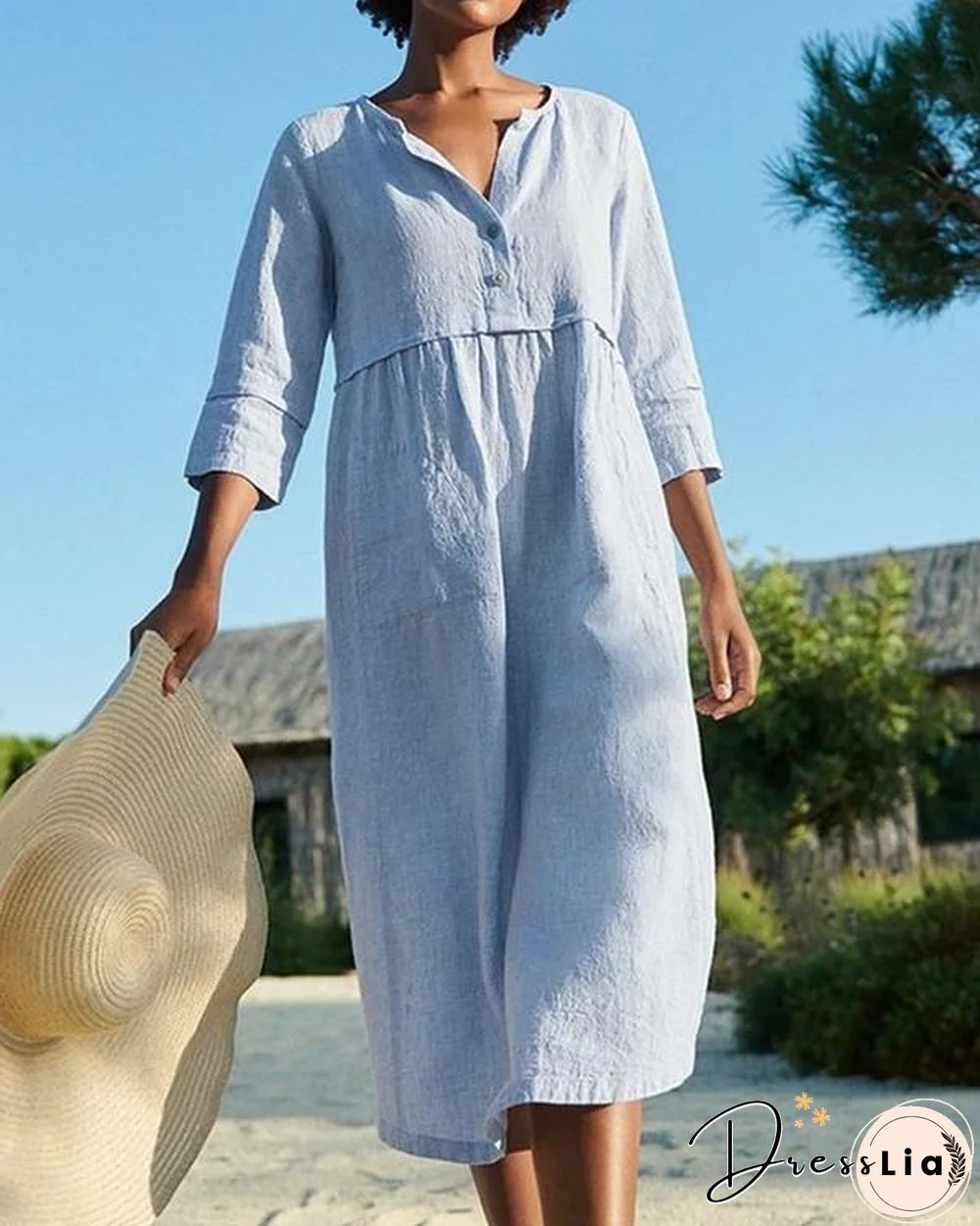 Cotton And Linen Pocket 3/4 Sleeve Dress