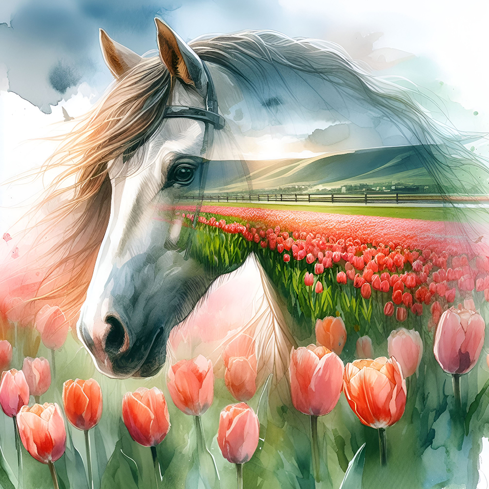 Horse And Tulip Flower Sea 30*30cm(canvas) full round drill diamond painting