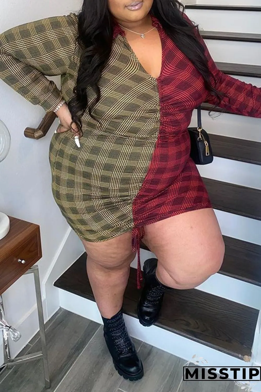 Multicolor Fashion Casual Plus Size Patchwork Basic V Neck Long Sleeve Dresses