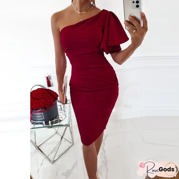 New Summer Fashion Draped Commute Knee-Length Dress Office Lady Sexy One-Shoulder Bodycon Dresses Women Casual Solid Dress