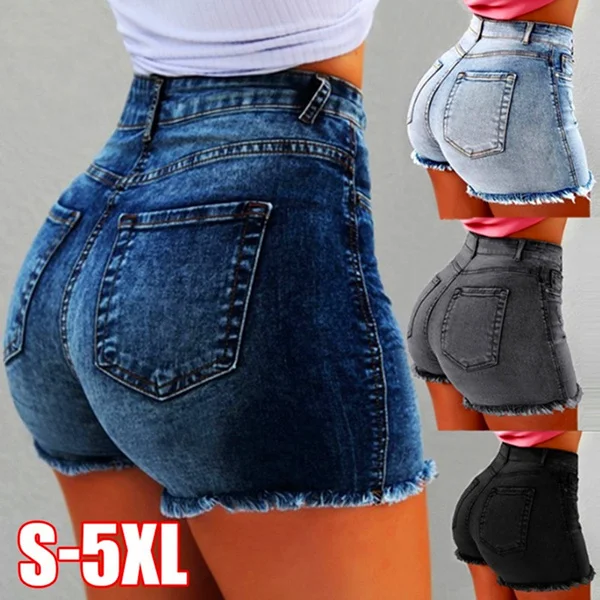 Summer Women's Fashion Causal Stretchy Denim High Waist Beach Shorts Washed Jeans Pants