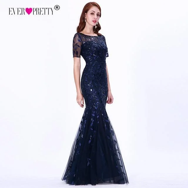 Short Sleeve Lace Appliques Tulle Mermaid Long Dress Party Gowns