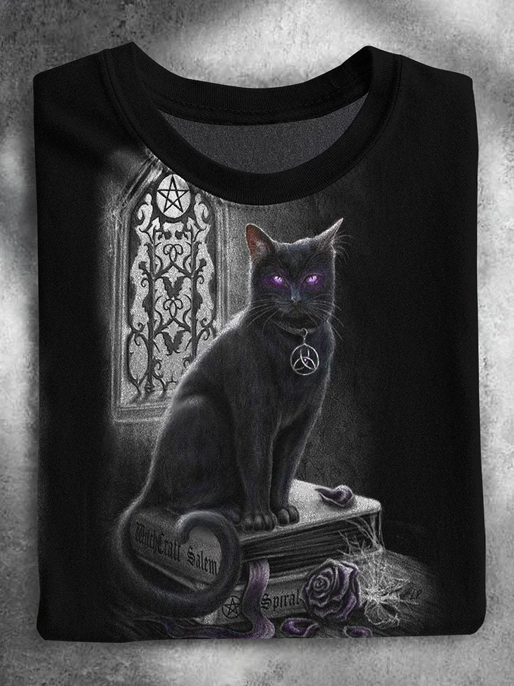 Black Cat Book Rose Halloween Casual Print T-shirt