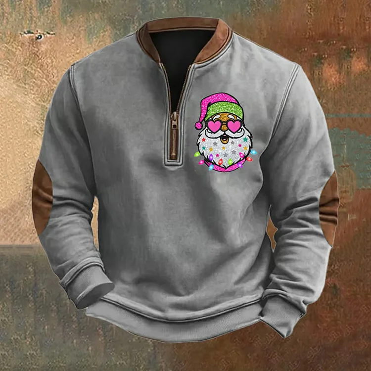 Men's Fun Rock Santa Claus Print Zipper Sweatshirt