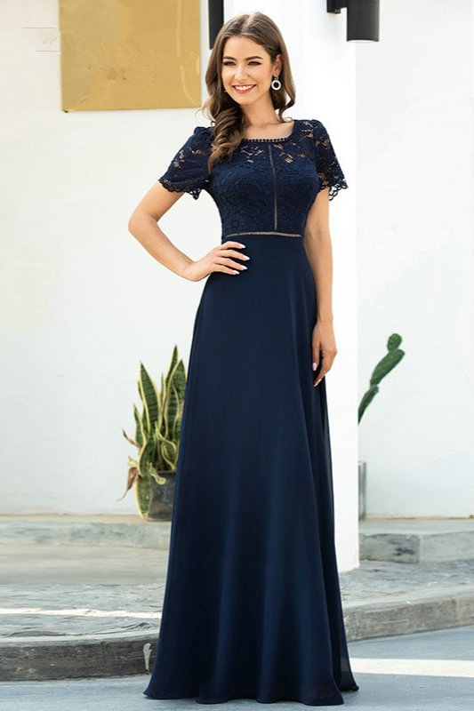 Elegant Navy Short Sleeve Lace Prom Dress Long Evening Party Gowns - lulusllly