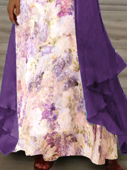 Women's Long Sleeve V-neck Floral Printed Two Pieces Maxi Dress