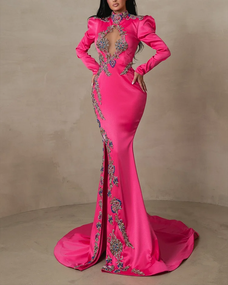 Women's Long Sleeve Slit Embroidery Dress