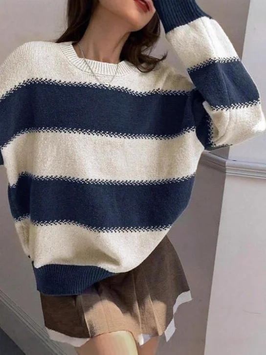 Nigikala Nigikala Wind Stripe Bumpy Long-Sleeved Knitted Shirt Women's Autumn Collar Collar Temperament Top Sweater