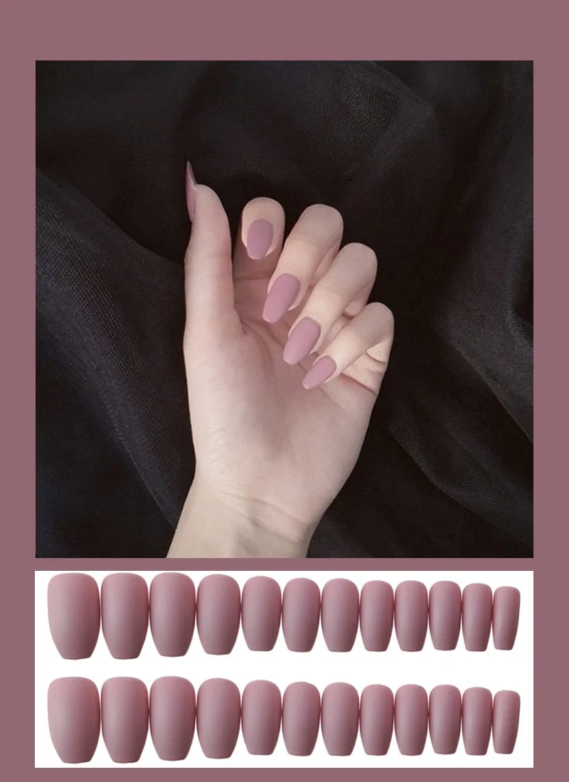 24pcs Solid  Reusable Detachable Fake Matte Tips Press On Nail Medium Long Flat Fully Paste Into False  Nails Art Manicure-Nail Inspo