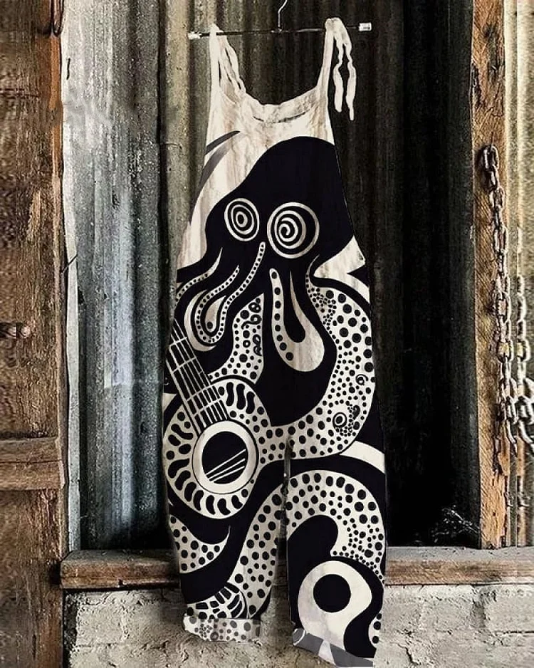 Japanese Octopus Music Art Print Casual Jumpsuit