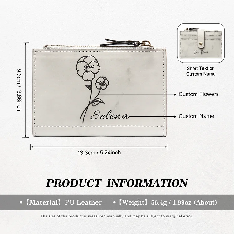 Portefeuille Femme Prénom et Texte Personnalisés avec Fleurs de naissance Porte-Monnaie Carte Jessemade FR