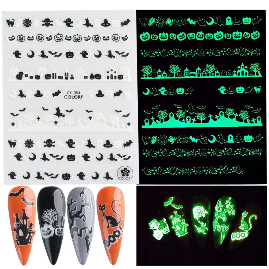 Nail Stickers Back Glue Fluorescent Light Halloween Pumpkin Imp Smiley Designs Nail Decal Decoration Tips For Beauty Salons-Nail Inspo