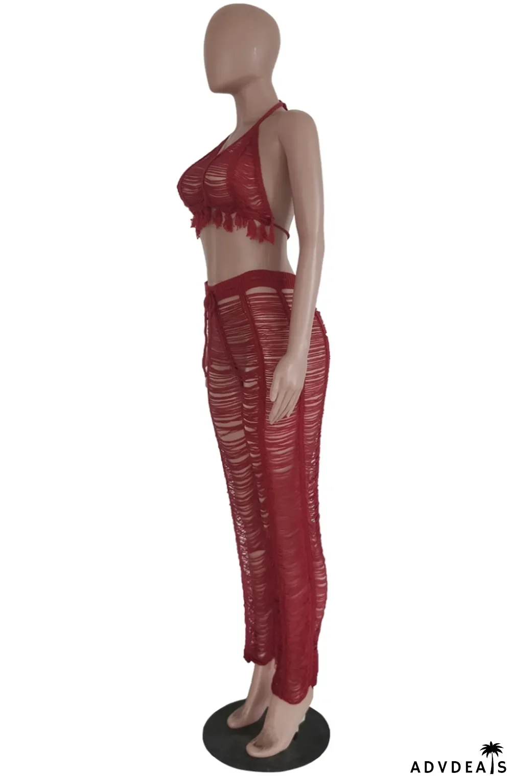 Autumn Sexy Red Knit Hollow Out Tassel Bra and Pants Set